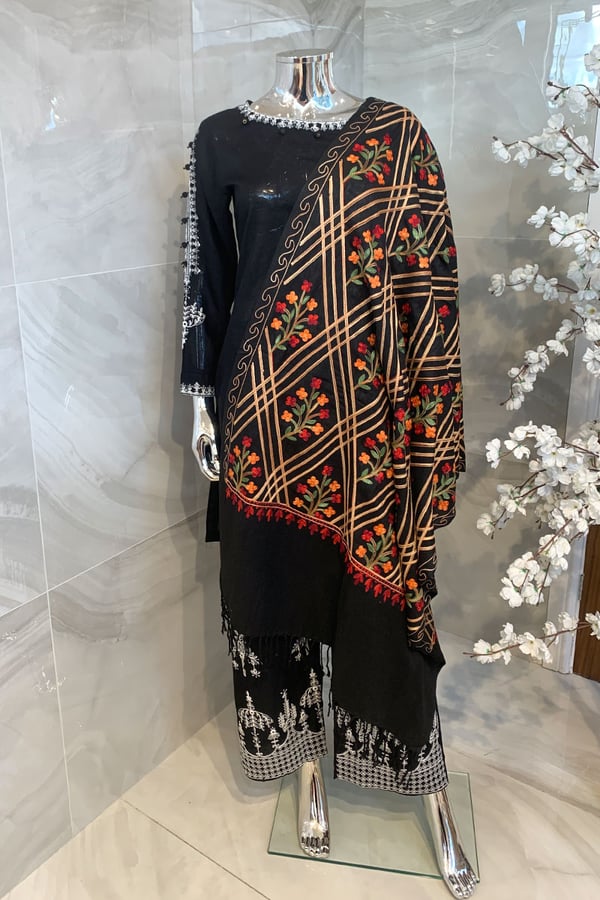 Pashmina embroidered shawl - BLKMLT, FREE SIZE