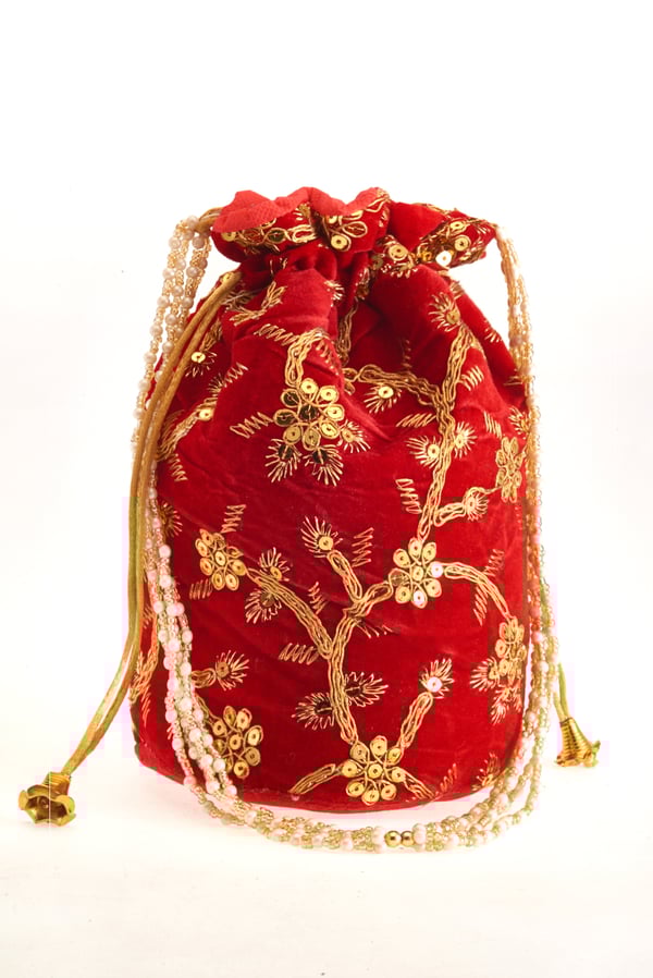 Velvet embroidered potli purse - Red, FREE SIZE