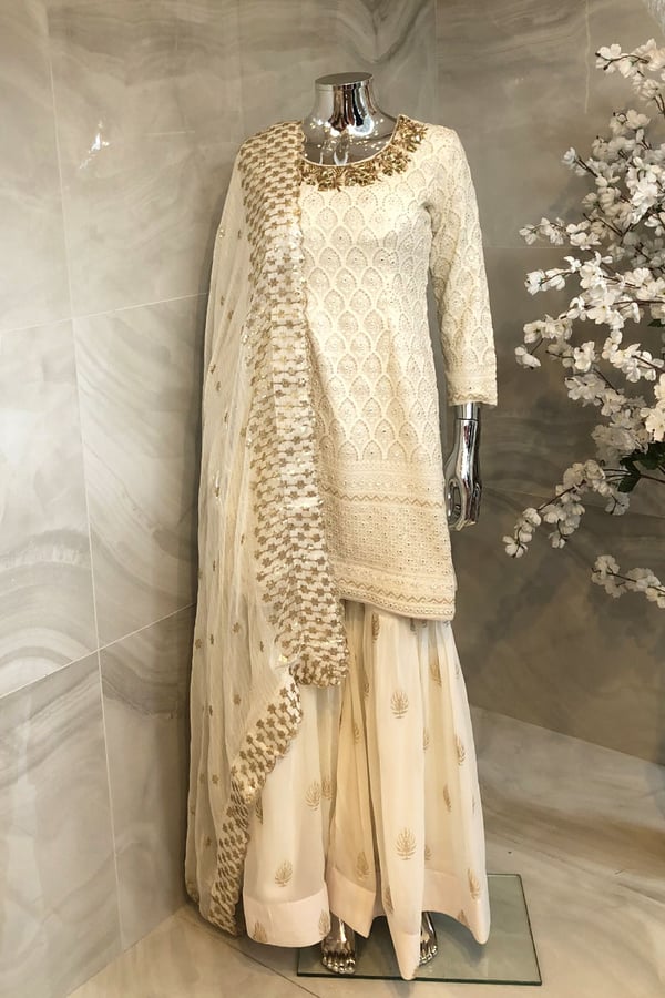 3 Piece chiffon embroidered suit with gharara - Image 2