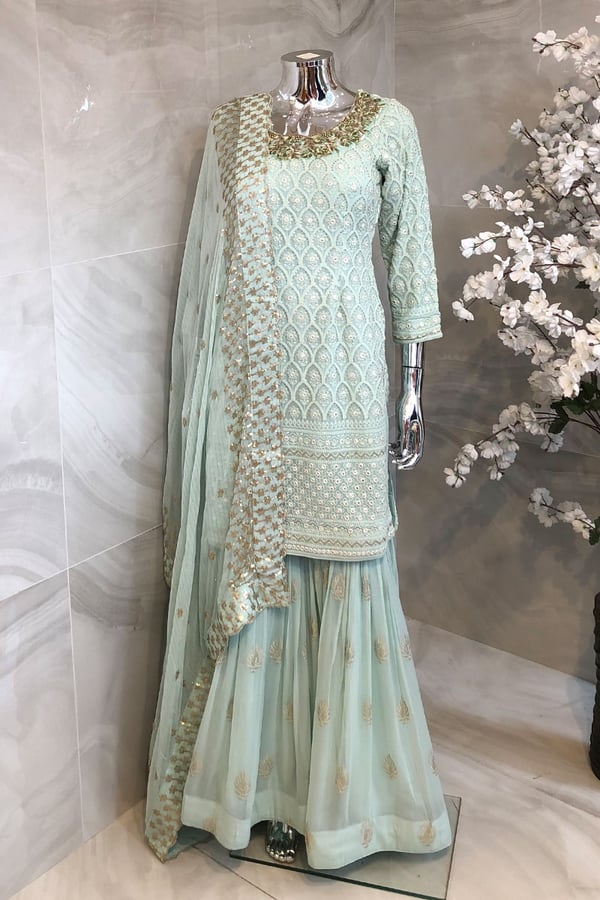 3 Piece chiffon embroidered suit with gharara