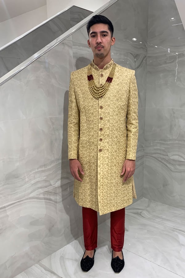 Men's luxury embroidered sherwani with necklace