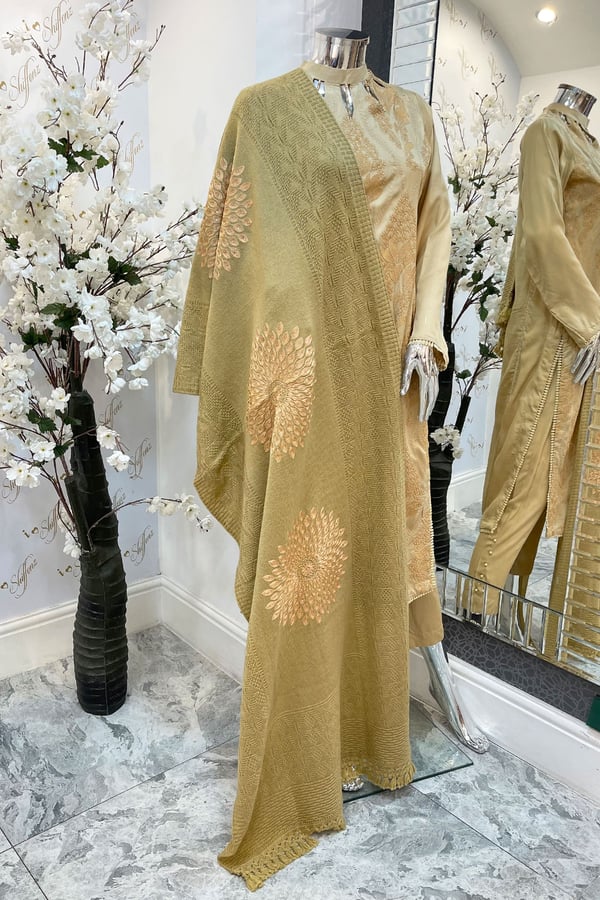 Wool shawl with flower patterns - Beige, FS