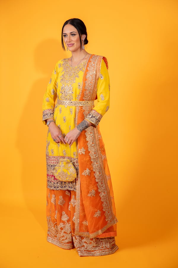 3 Piece luxury dori work embroidered dress - Yellow, Small