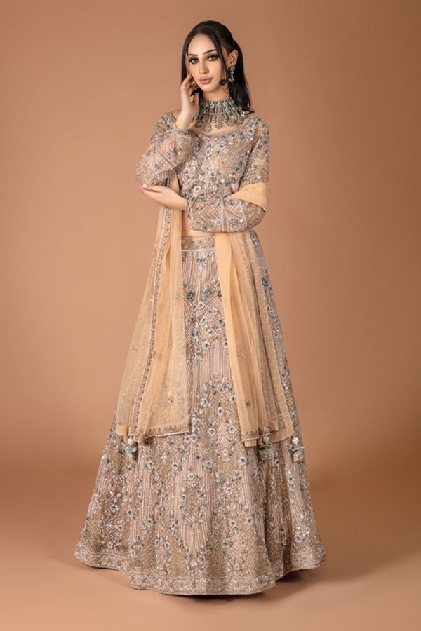 3 Piece luxury embroidered net lengha choli - Beige, 36