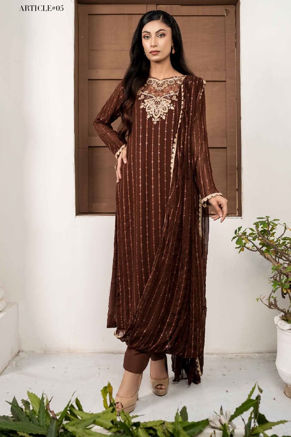 Alara 2 Piece embroidered suit with attached dupatta - Brown, Small