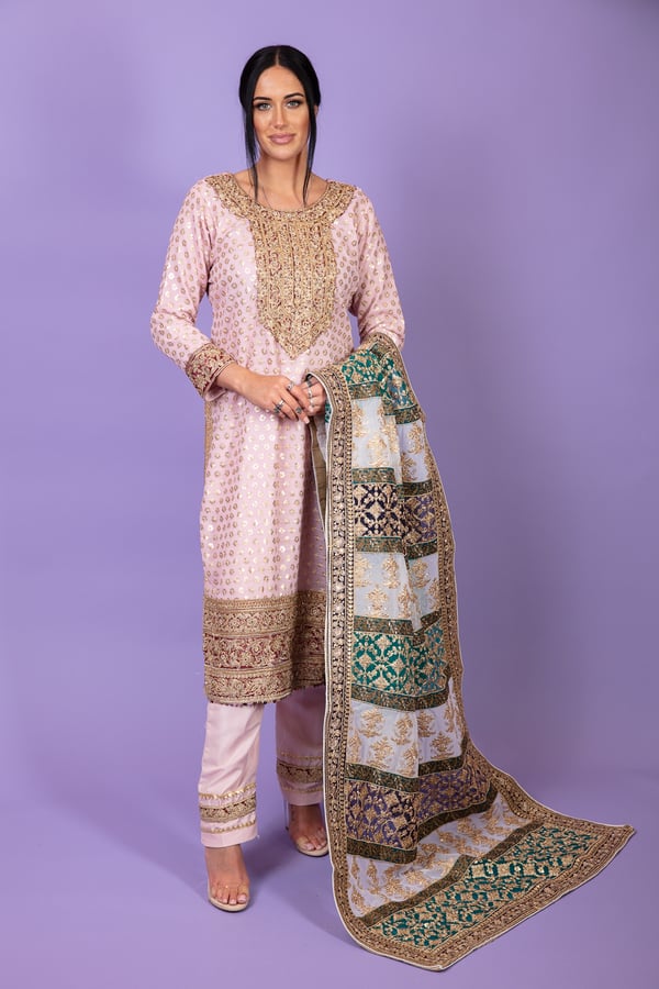 3 Piece mehndi sequence and dori embroidered suit with heavy dupatta - Image 3