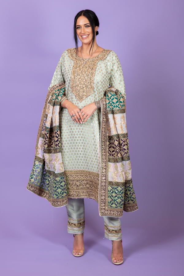 3 Piece mehndi sequence and dori embroidered suit with heavy dupatta - Image 2
