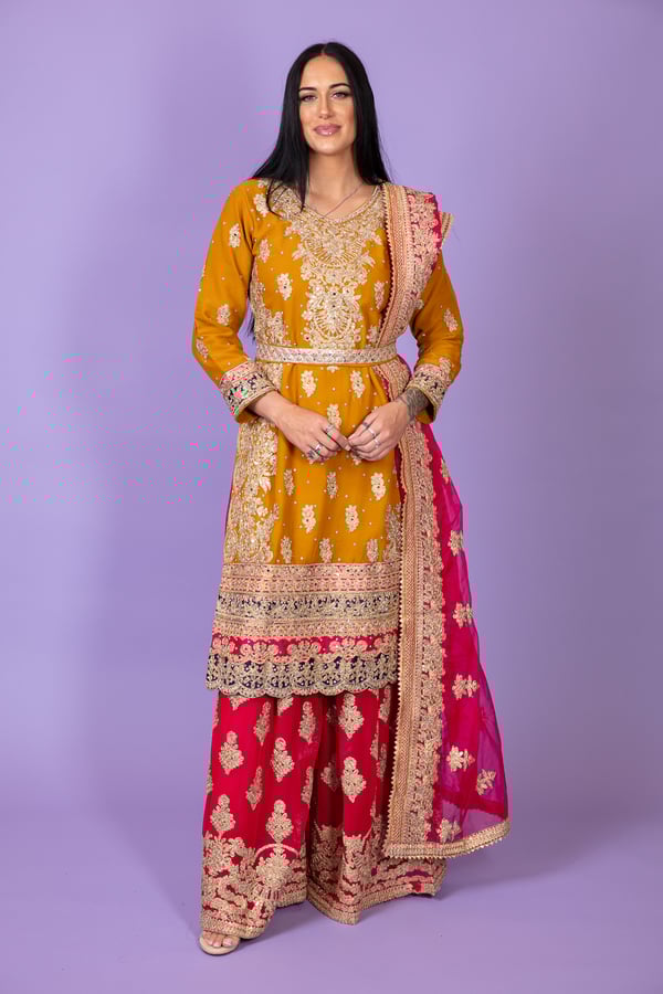 3 Piece luxury dori work embroidered dress - Mustard, Small