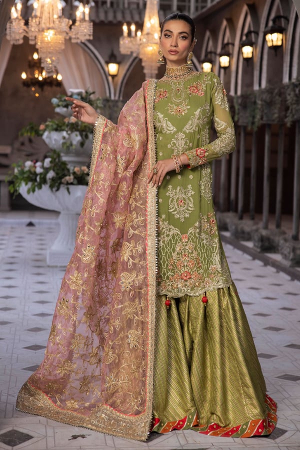 Esme collection 3 piece gharara organza suit - MEHNDI, Small