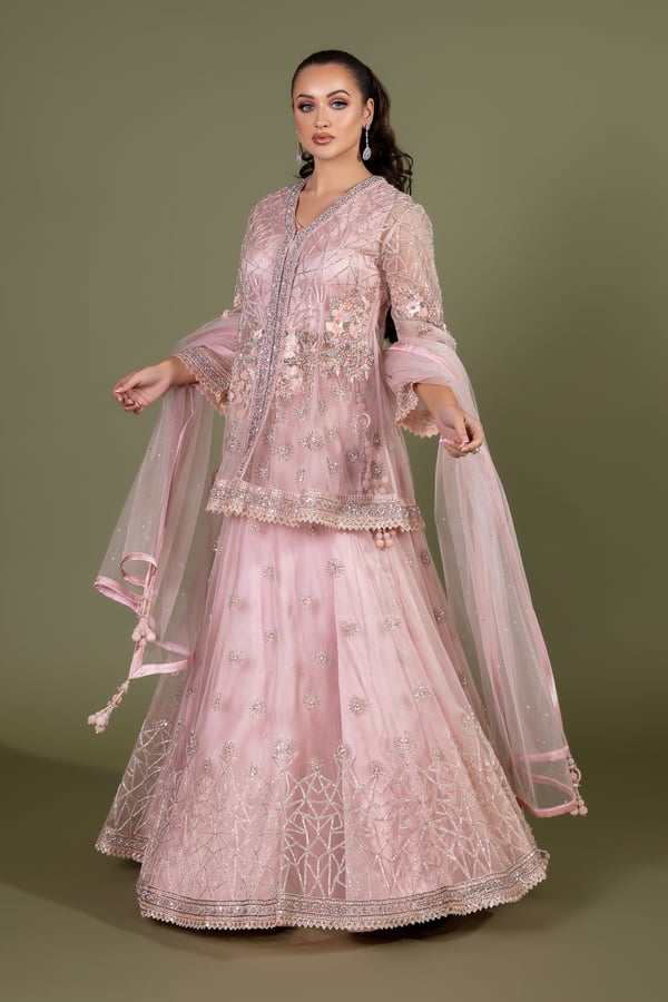 3 Piece luxury embroidered lengha suit - Dusy Pink, 36