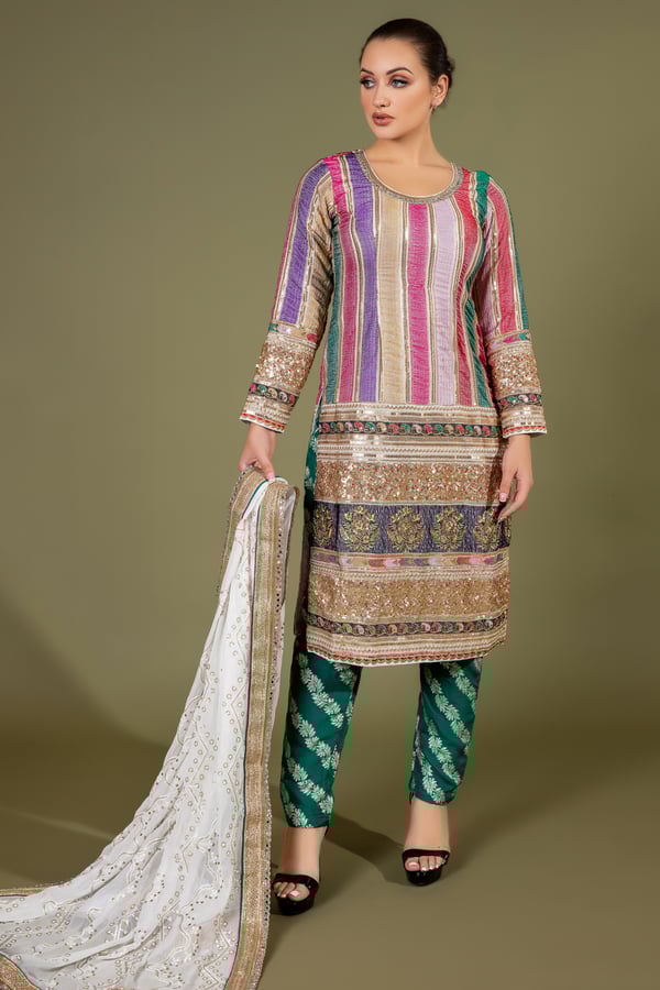 3 Piece multi coloured thread work embroidered suit