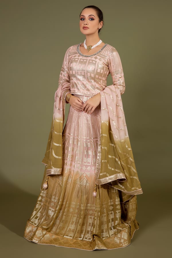 3 Piece sequence embroidered lengha choli - Dusty Pink, 34