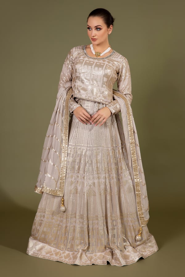 3 Piece sequence embroidered lengha choli - Light Khakhi, 34
