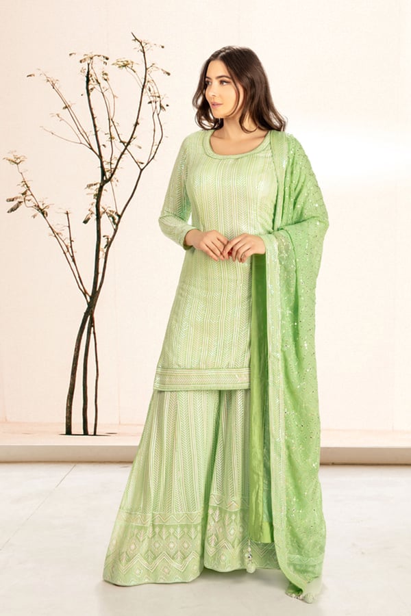 3 Piece chiffon sequence embroidered sharara suit