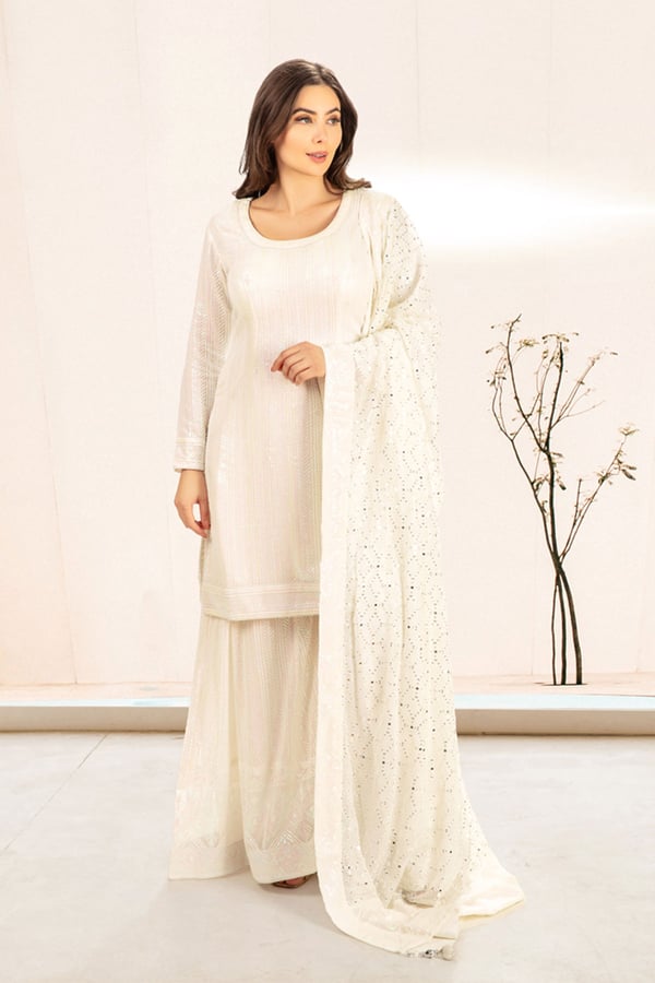 3 Piece chiffon sequence embroidered sharara suit - Image 3