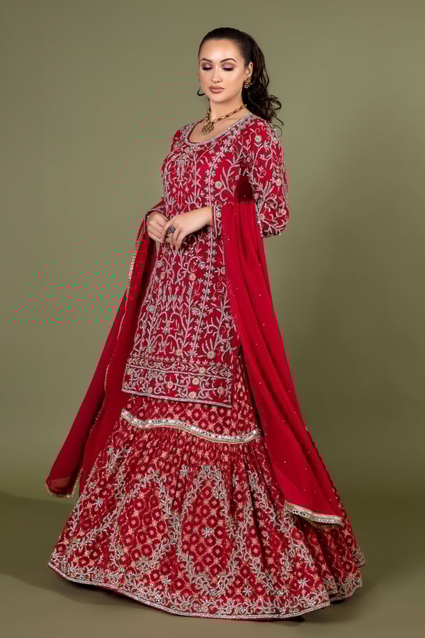 Shiffonz 3 piece embroidered long kameez lengha suit - Maroon, 36