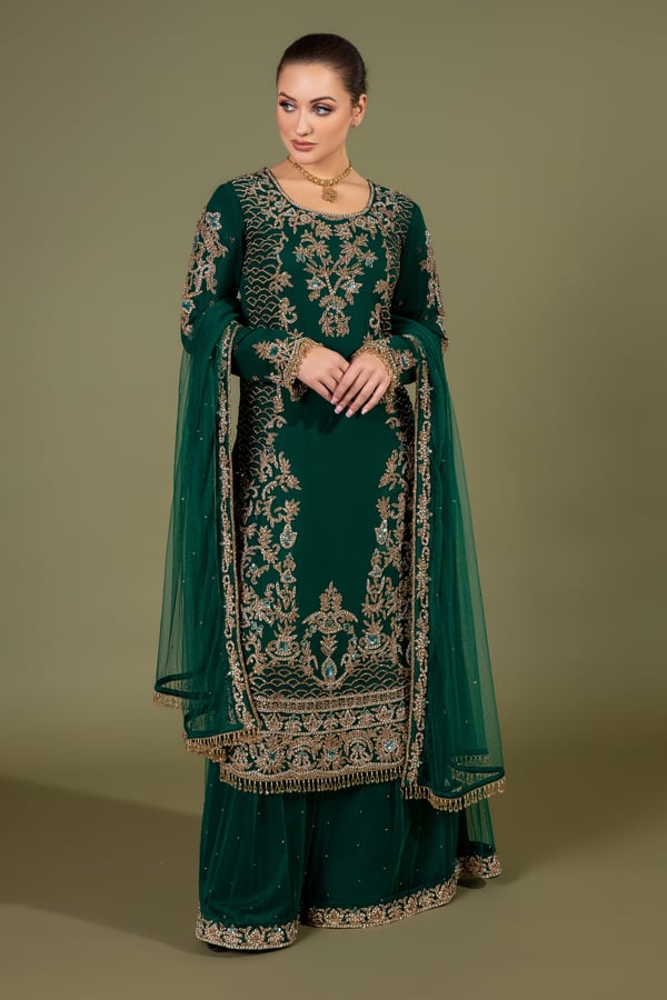 3 Piece party wear embroidered sharara suit - Green, 34