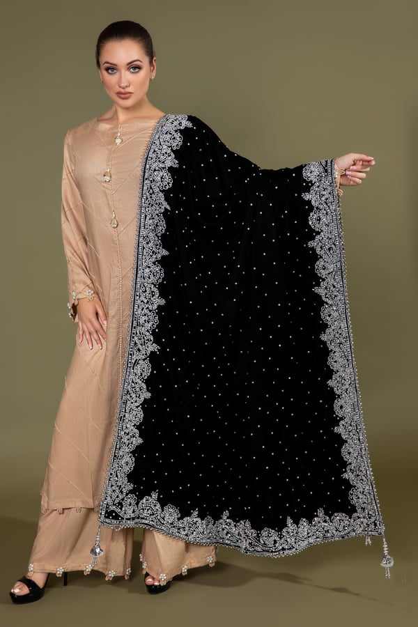 Luxury embroidered velvet shawl - Black Silver, FS