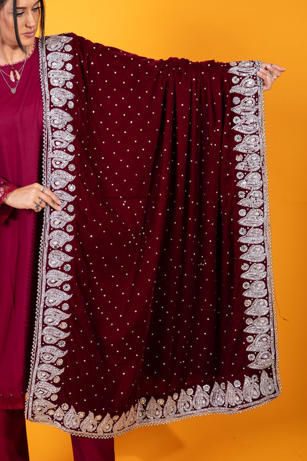 Shiffonz by Simran's velvet embroidered shawl - Maroon, FS