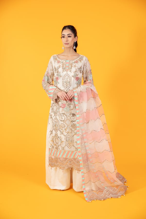3 Piece luxury embroidered dress - Cream, Large