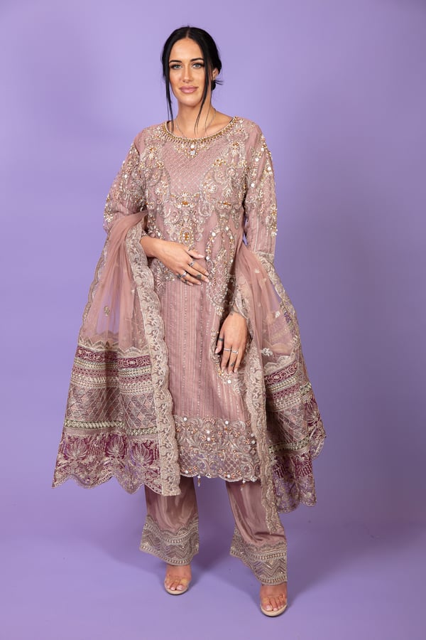 Imrozia 3 piece luxury embroidered plazo suit - Dusty Pink, Small