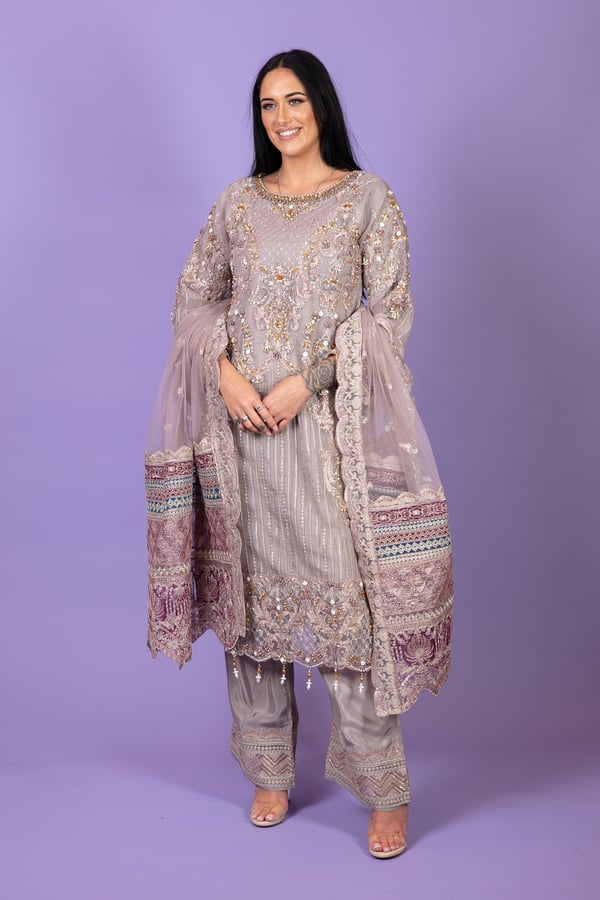 Imrozia 3 piece luxury embroidered plazo suit - Grey, Small