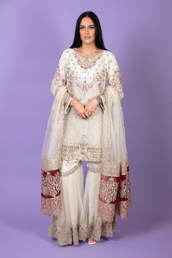 Imrozia 3 piece embroidered gharara suit - Cream, Small