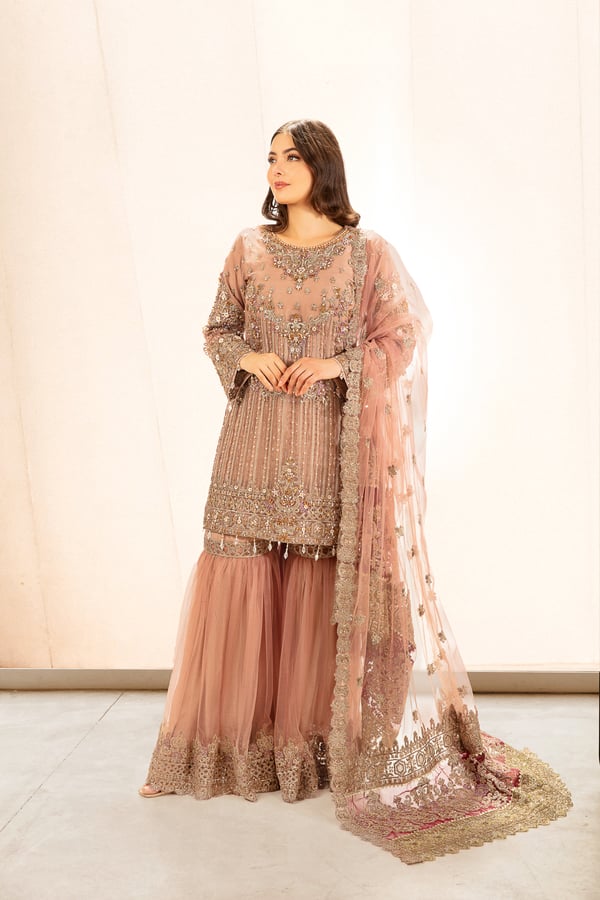Imrozia 3 piece embroidered gharara suit