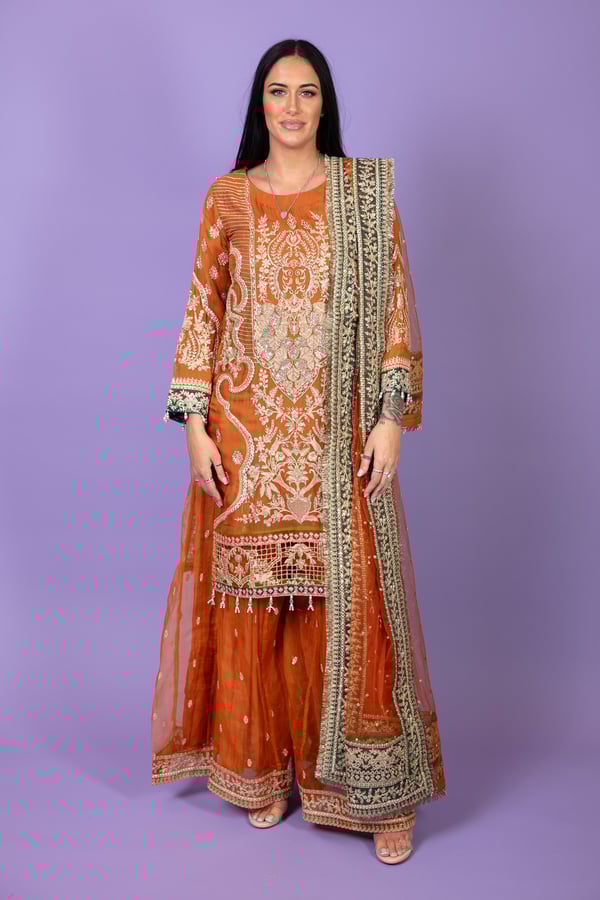 Imrozia 3 piece chiffon dress with gold threadwork