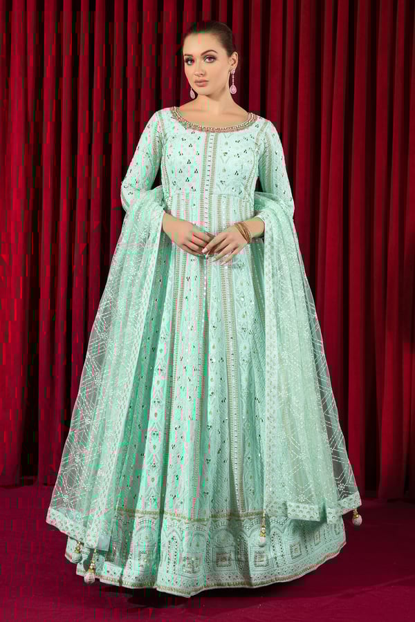 3 Piece chikankari embroidered long dress - SGREEN, 34