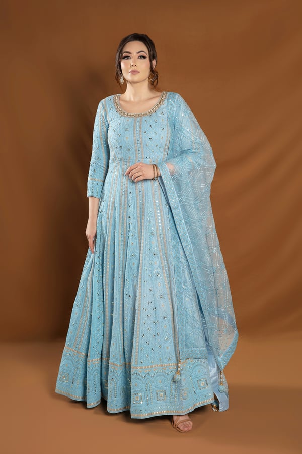 3 Piece chikankari embroidered long dress -