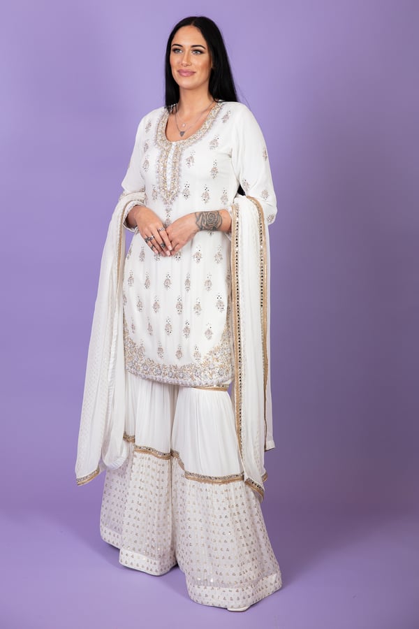 3 Piece zari work embroidered chiffon gharara suit