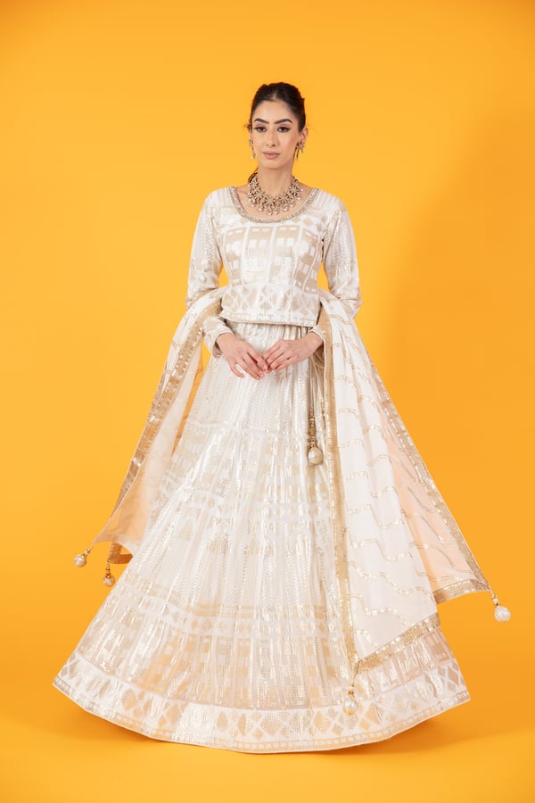 3 Piece sequence embroidered lengha choli - White, 34