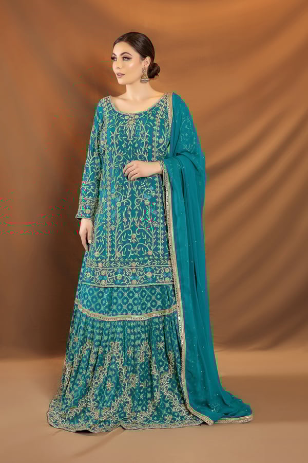 Shiffonz 3 piece embroidered long kameez lengha suit