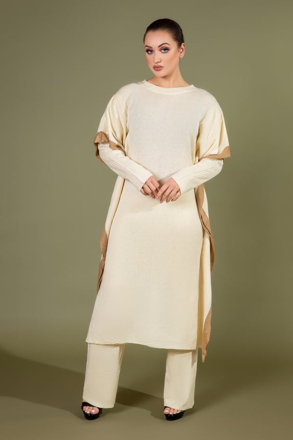 Knitwear 2 piece kaftan suit - Cream, X-Large