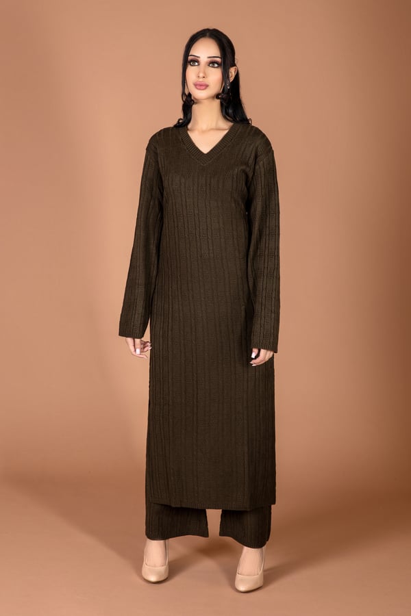 2 Piece knitwear wool co-ord v-neckline set - Green, X-Large