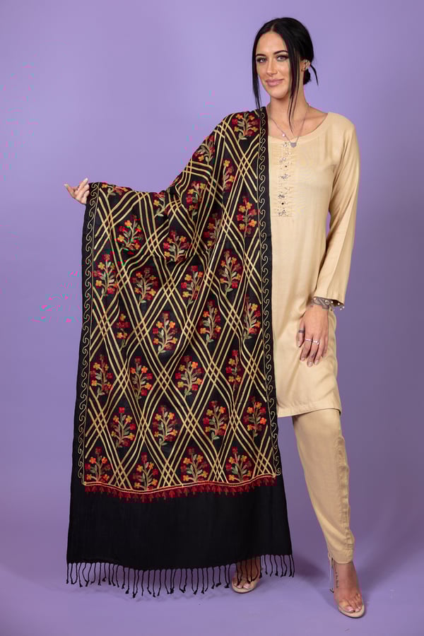 Pashmina embroidered shawl - Black Multi, FS