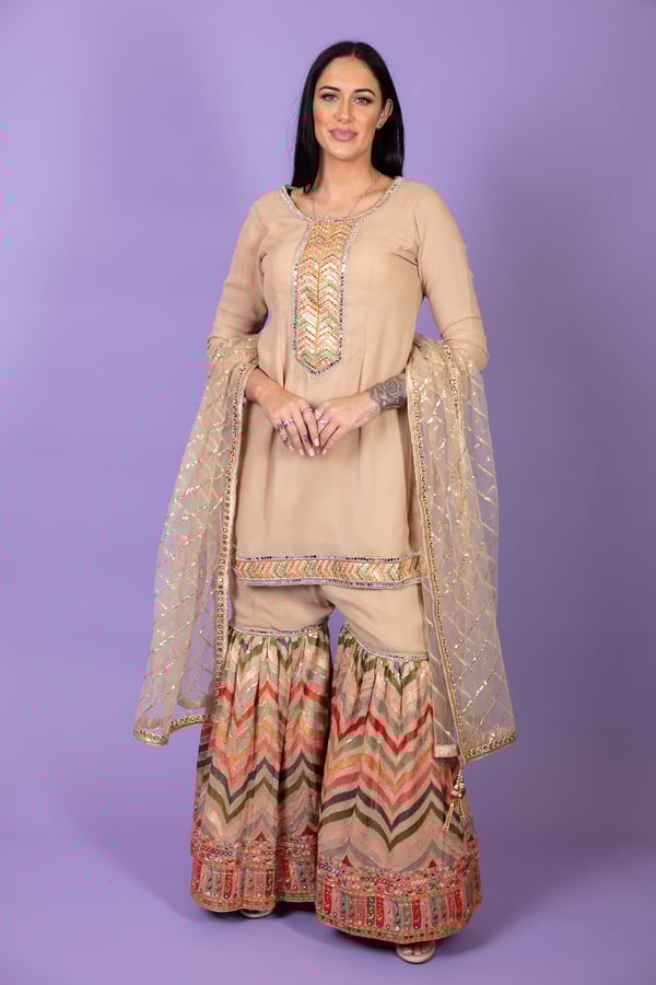 3 Piece chiffon embroidered gharara suit - Beige, 38