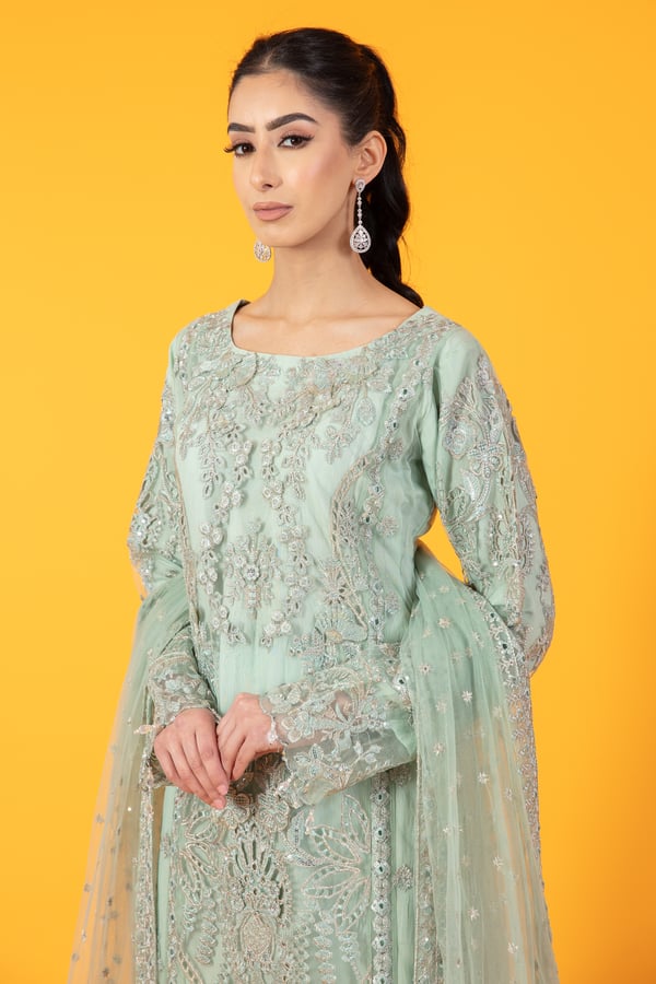 3 Piece luxury pret net embroidered suit - Image 3