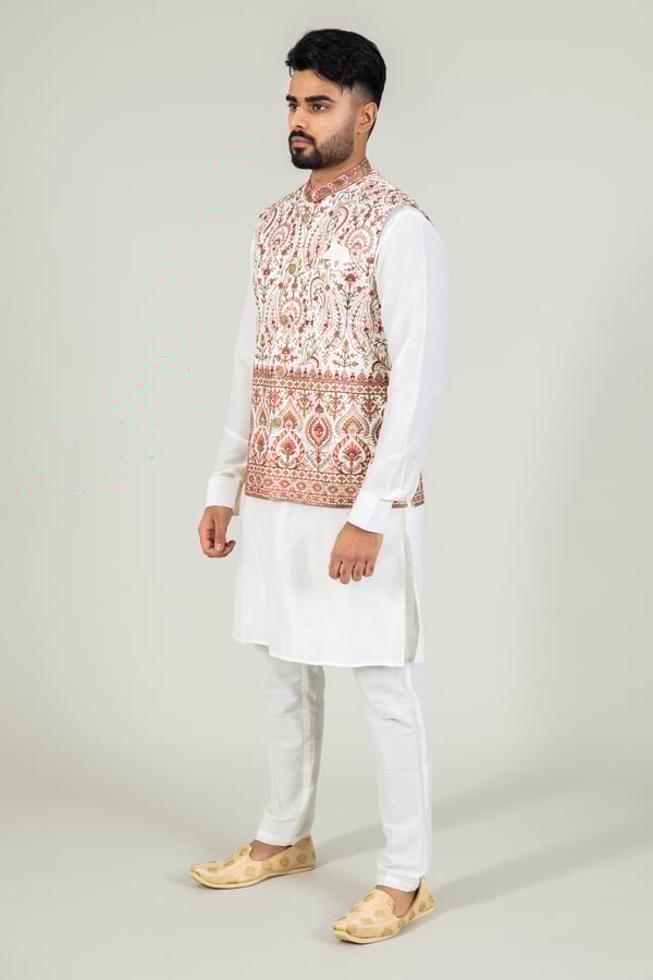 Men's luxury printed waistcoat with raw silk suit - Image 2