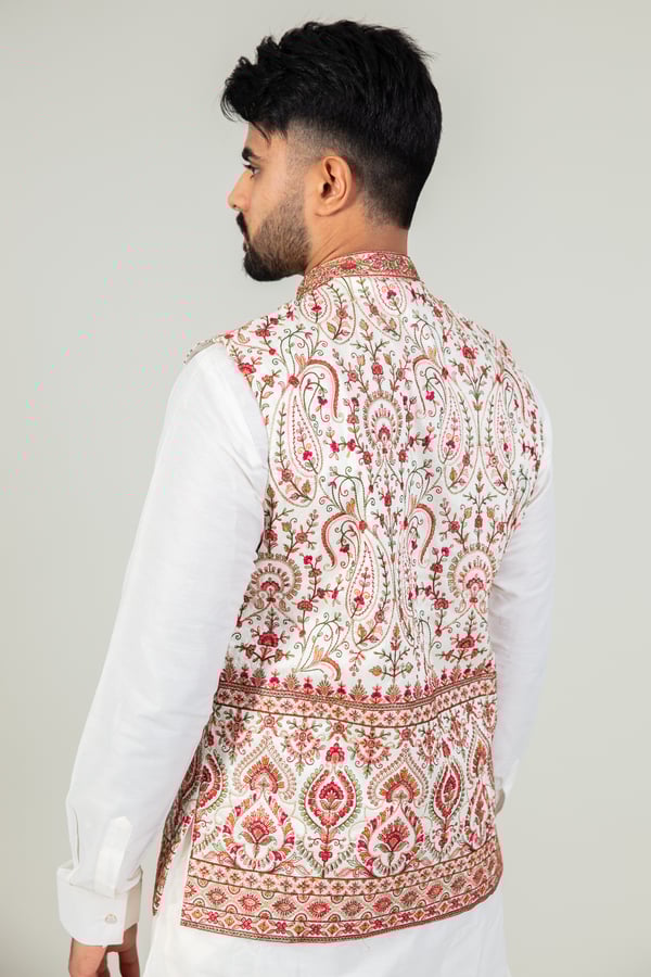 Men's luxury printed waistcoat with raw silk suit - Image 4