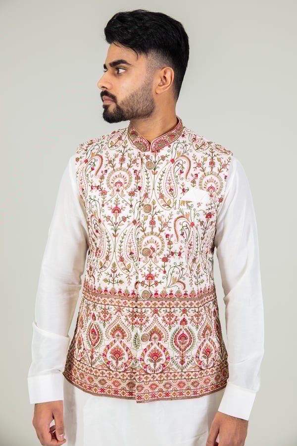 Men's luxury printed waistcoat with raw silk suit - Image 5