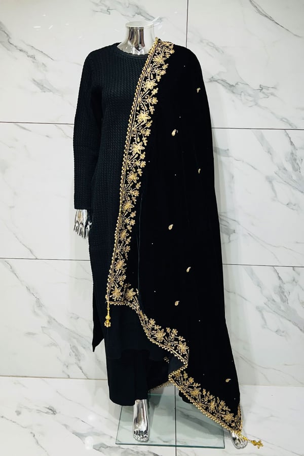 Velvet border luxury shawl - Black, FS