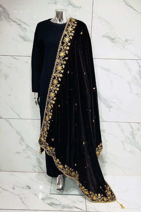 Velvet border luxury shawl - Brown, FS