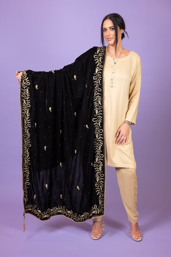 Velvet heavy embroidered shawl - Black, FS