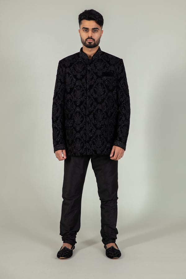 Men's velvet embroidered sherwani coat - Black, 36