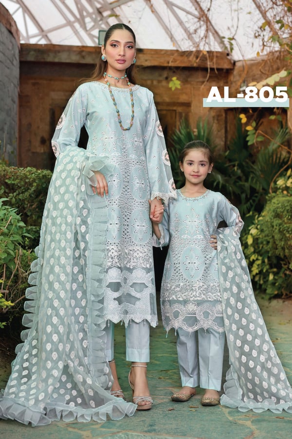 Eid festive chikankari kids 3 piece mother and daughter collection