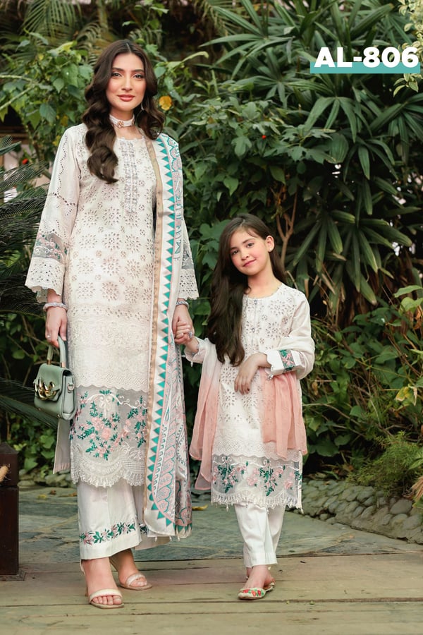 Eid festive chikankari kids 3 piece mother and daughter collection