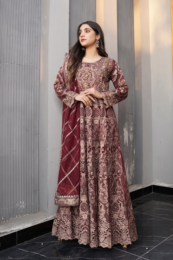 Tara collection 3 piece luxury embroidered net long dress - Maroon, Small