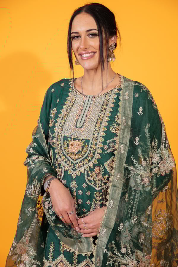 Qalamkar mehndi 3 piece gharara suit - Image 6